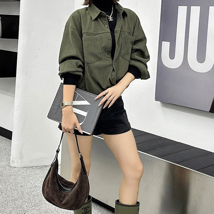 Brown Suede Leather Hobo Shoulder Dumpling Bag