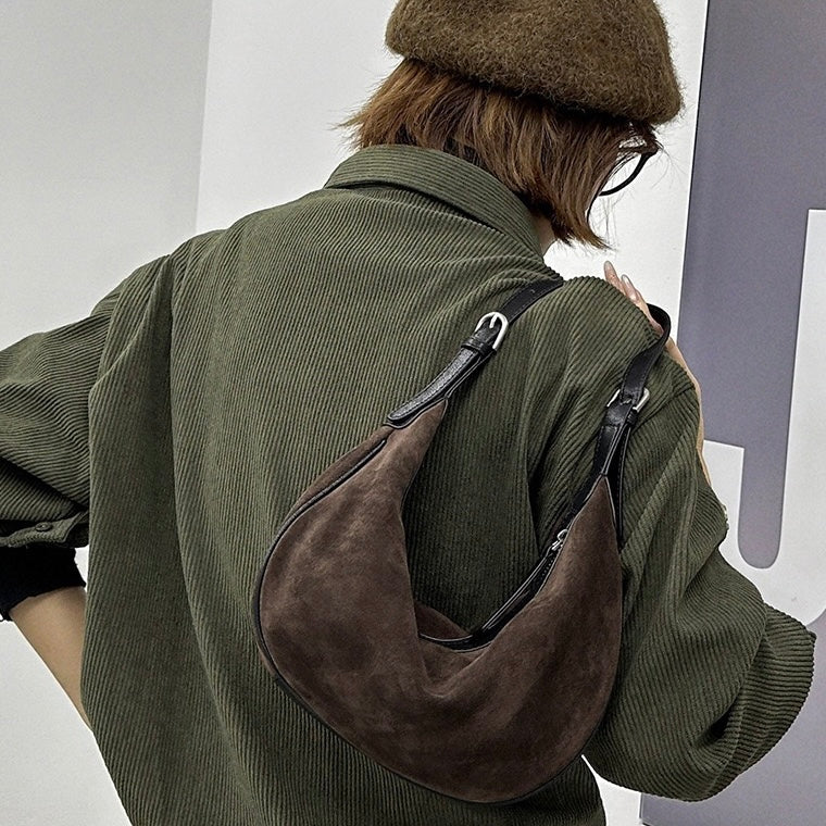 Brown Suede Leather Hobo Shoulder Dumpling Bag