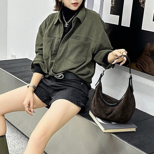 Brown Suede Leather Hobo Shoulder Dumpling Bag