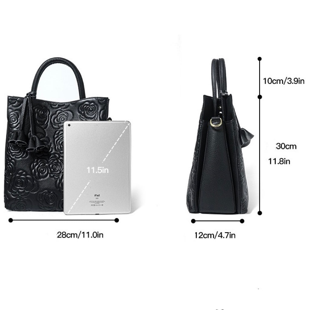Genuine Leather Rose Embossed Tote Bag With Detachable Strap