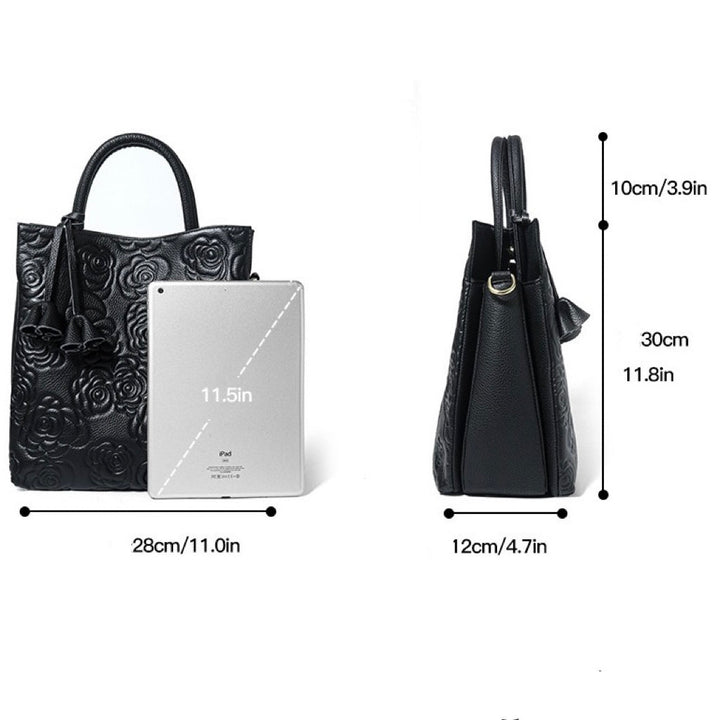 Genuine Leather Rose Embossed Tote Bag With Detachable Strap