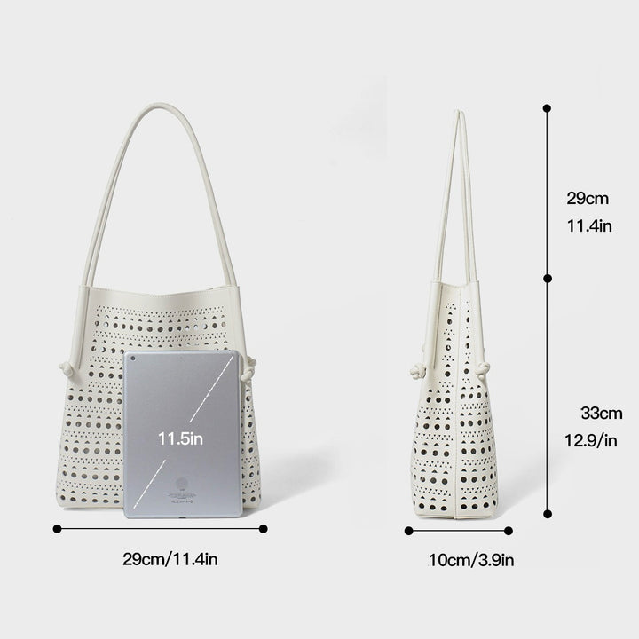 Genuine Leather Perforated Tote Bag with Detachable Pouch