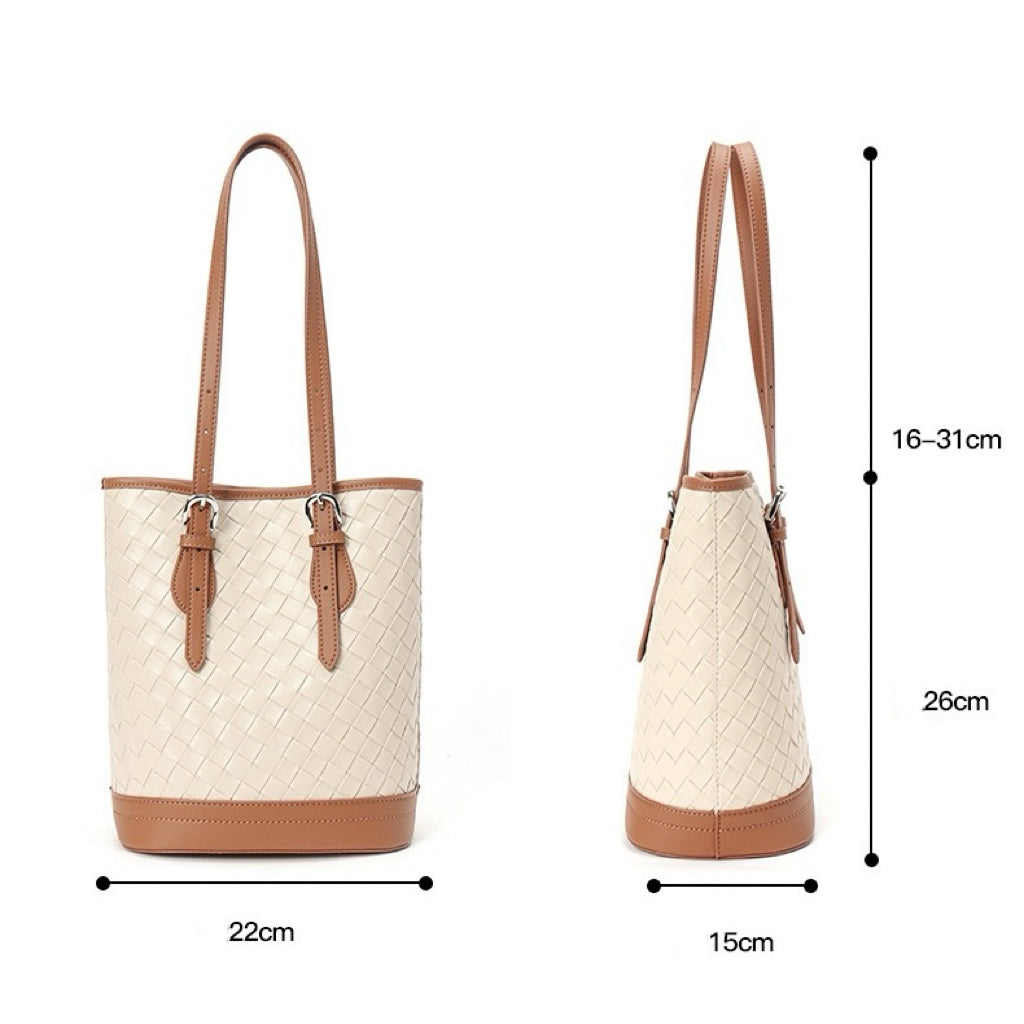 Woven Genuine Leather Color Block Bucket Tote Bag