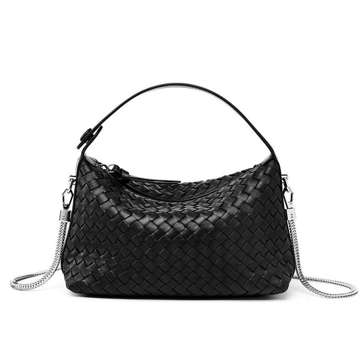 Women’s Genuine Sheepskin Leather Woven Dumpling Clutch Bag with Chain Strap