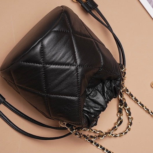Women’s Genuine Leather Chic Bucket Bag with Chain Strap