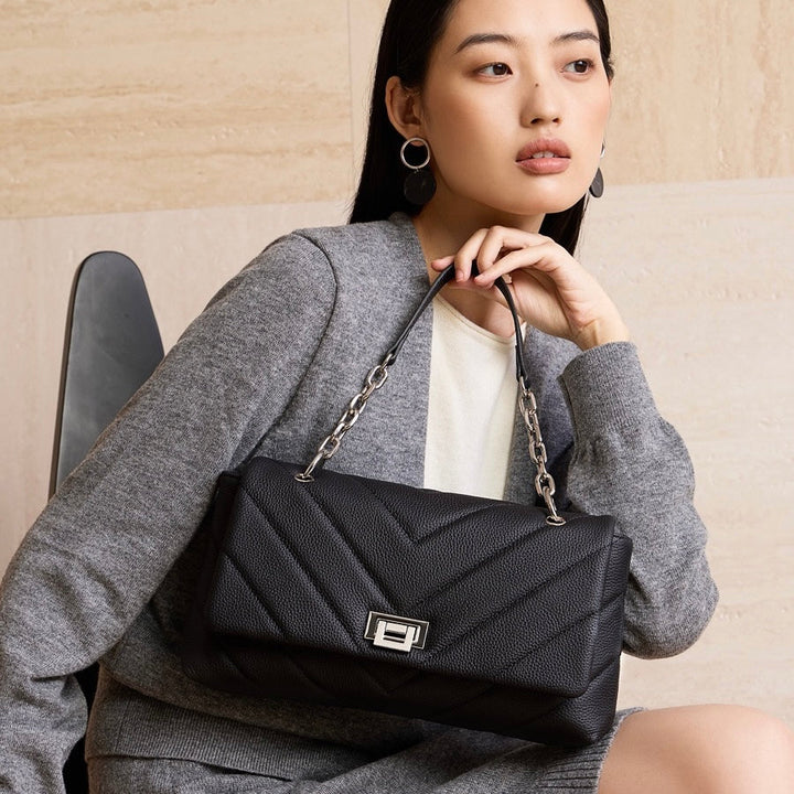 Chain-Embellished V-Quilted Genuine Leather Shoulder Bag
