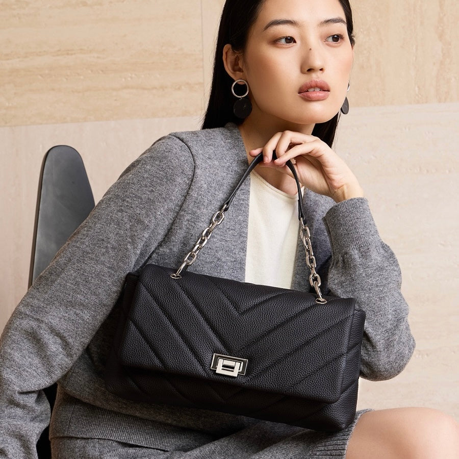 Chain-Embellished V-Quilted Genuine Leather Shoulder Bag