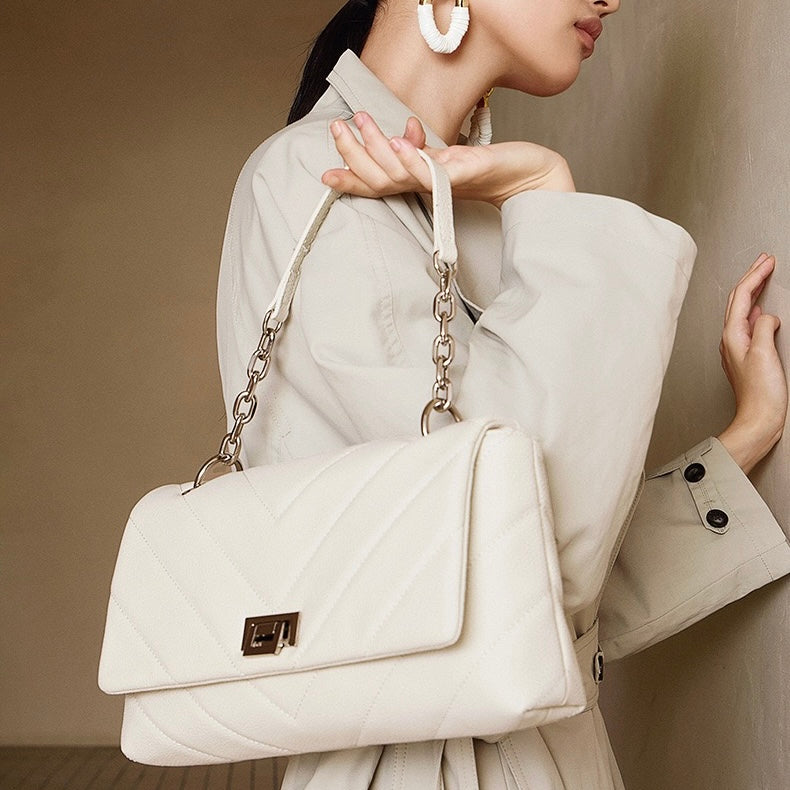 Chain-Embellished V-Quilted Genuine Leather Shoulder Bag