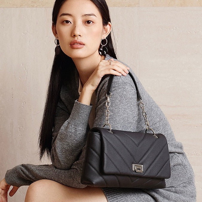 Chain-Embellished V-Quilted Genuine Leather Shoulder Bag