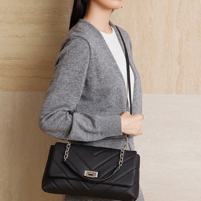 Chain-Embellished V-Quilted Genuine Leather Shoulder Bag