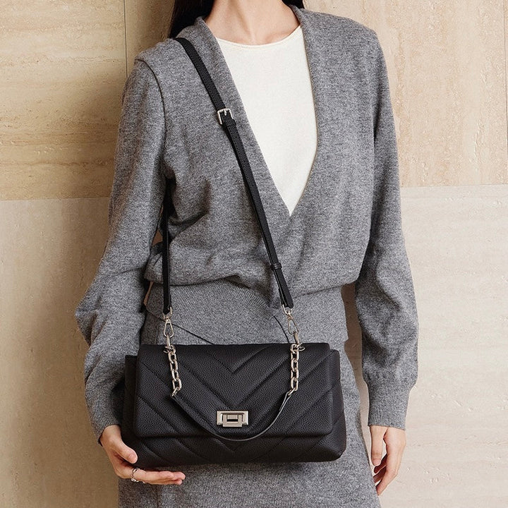 Chain-Embellished V-Quilted Genuine Leather Shoulder Bag