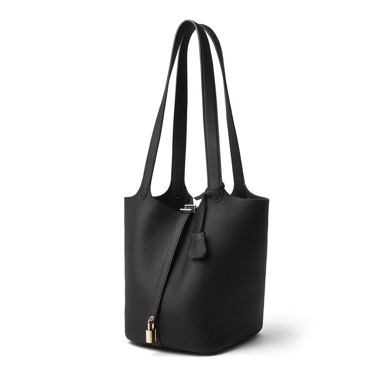 Textured Genuine Leather Tote Bag with Gold Buckle