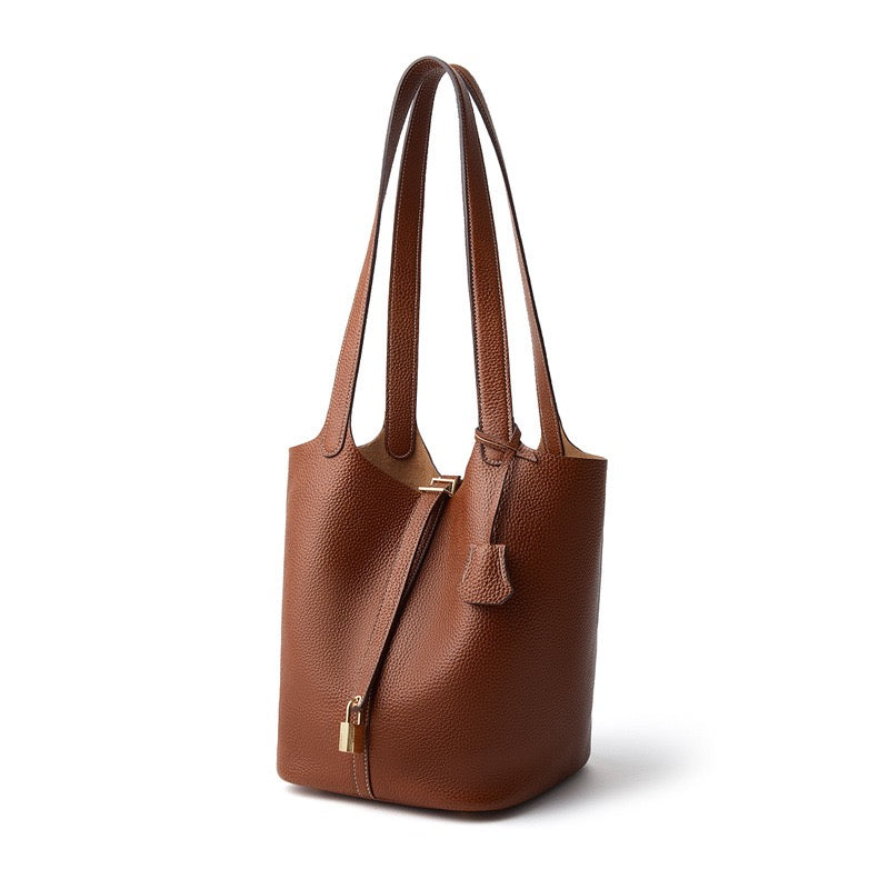 Textured Genuine Leather Tote Bag with Gold Buckle