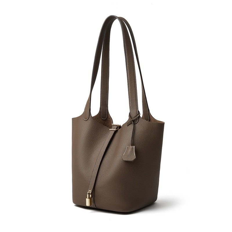 Textured Genuine Leather Tote Bag with Gold Buckle