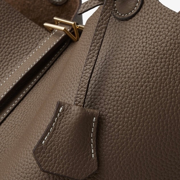 Textured Genuine Leather Tote Bag with Gold Buckle