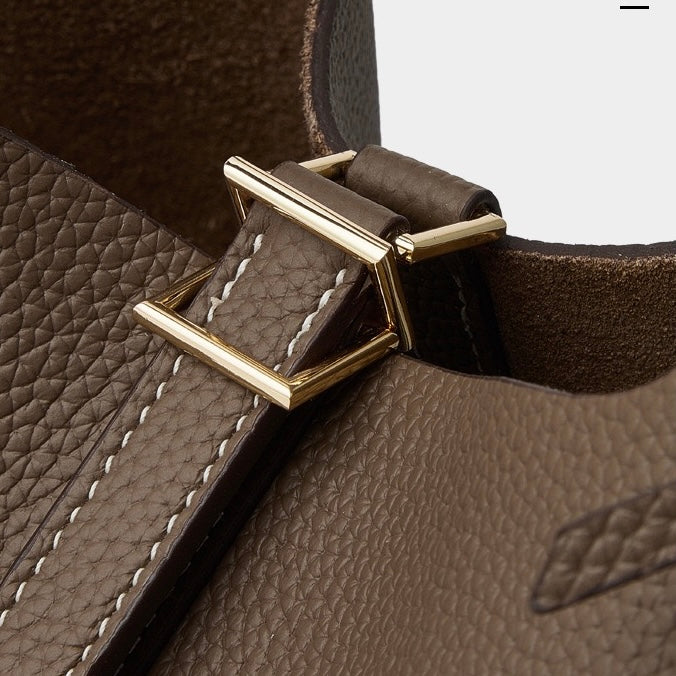 Textured Genuine Leather Tote Bag with Gold Buckle