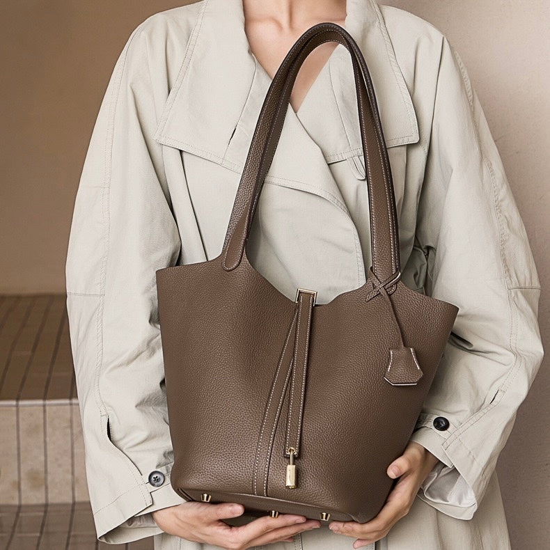 Textured Genuine Leather Tote Bag with Gold Buckle