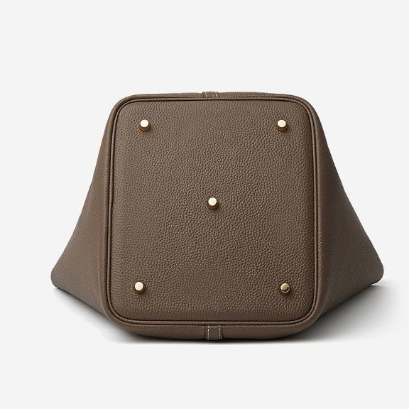 Textured Genuine Leather Tote Bag with Gold Buckle