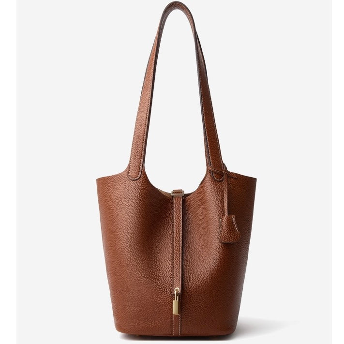 Textured Genuine Leather Tote Bag with Gold Buckle
