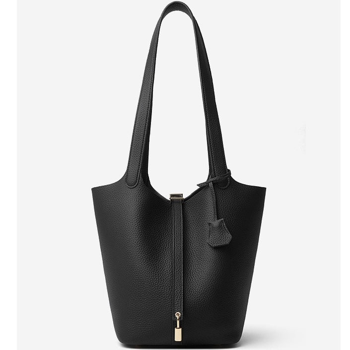 Textured Genuine Leather Tote Bag with Gold Buckle