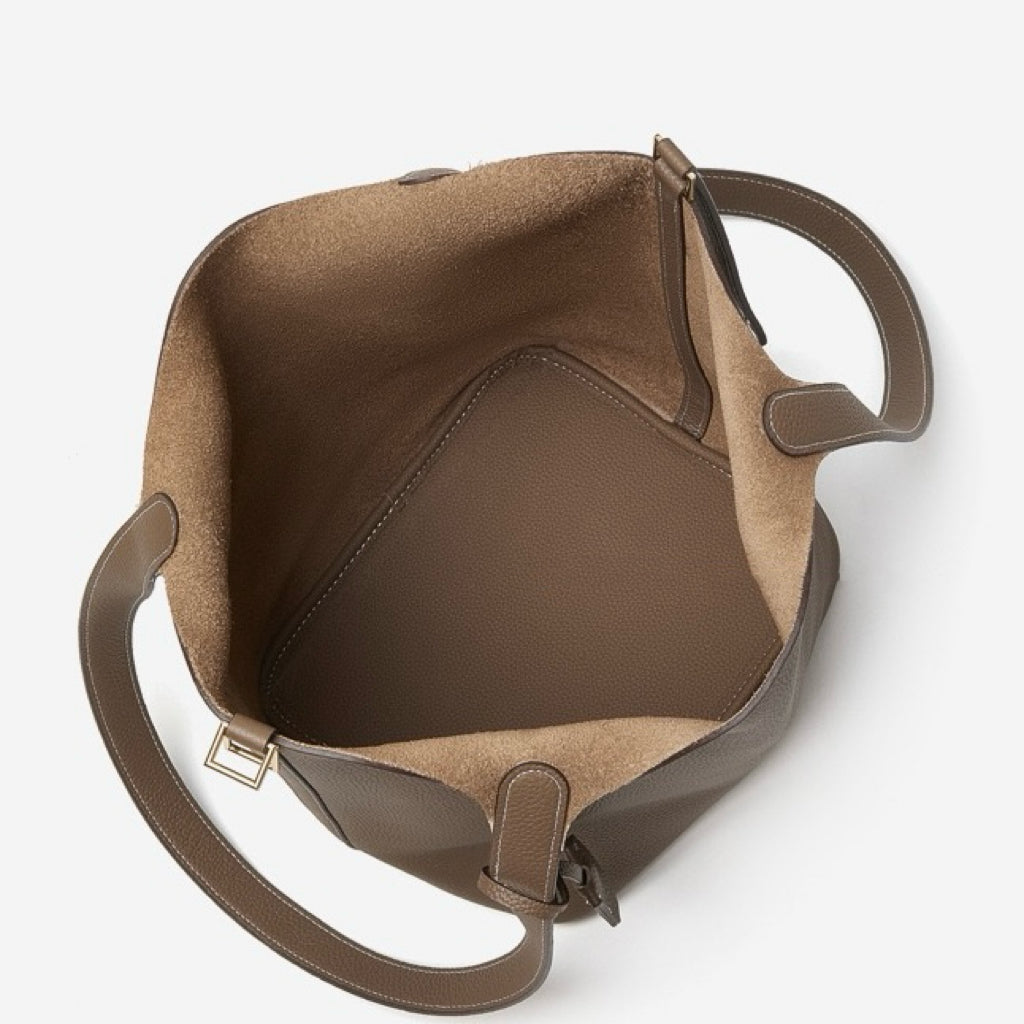 Textured Genuine Leather Tote Bag with Gold Buckle