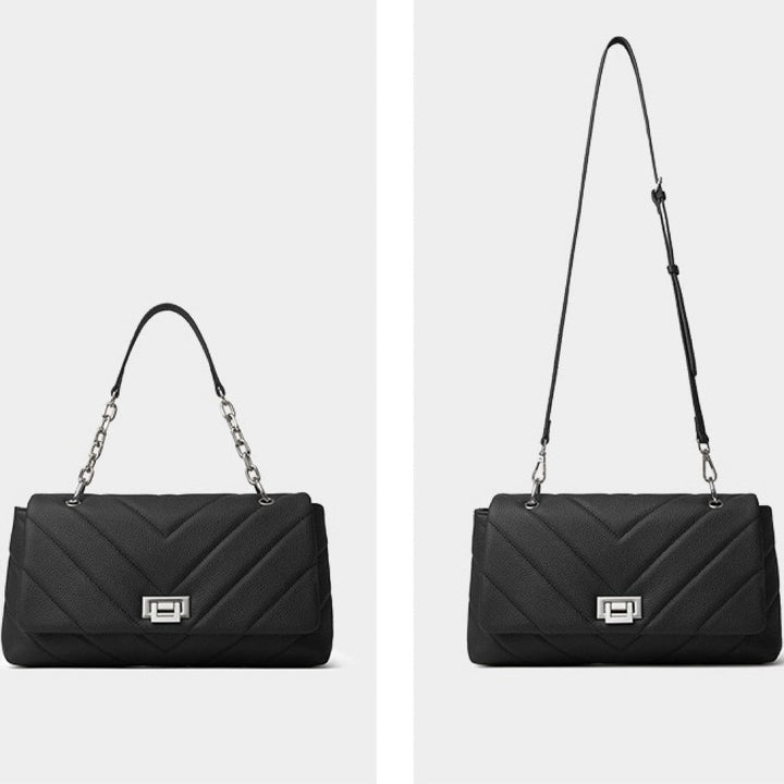 Chain-Embellished V-Quilted Genuine Leather Shoulder Bag