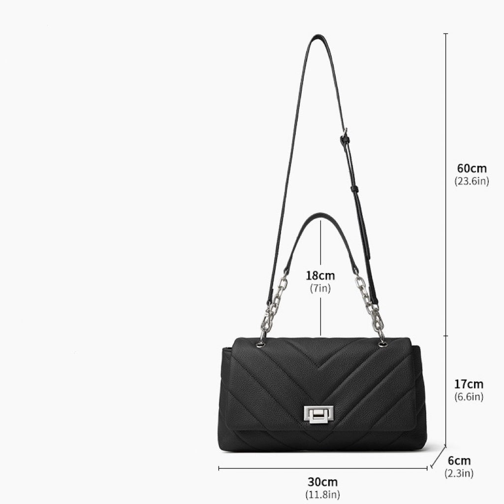 Chain-Embellished V-Quilted Genuine Leather Shoulder Bag