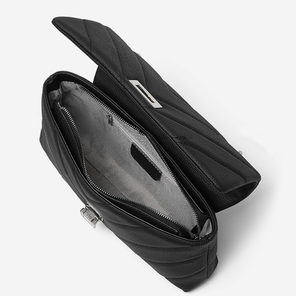 Chain-Embellished V-Quilted Genuine Leather Shoulder Bag