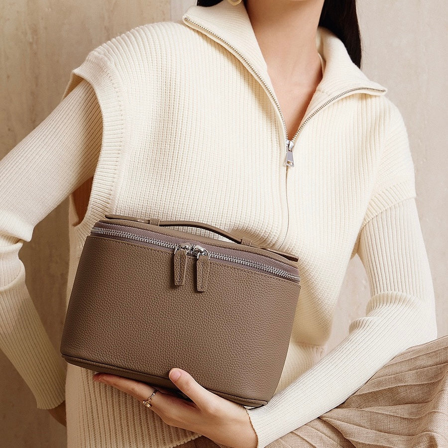 Genuine Leather Multi-Compartment Cosmetic Bag