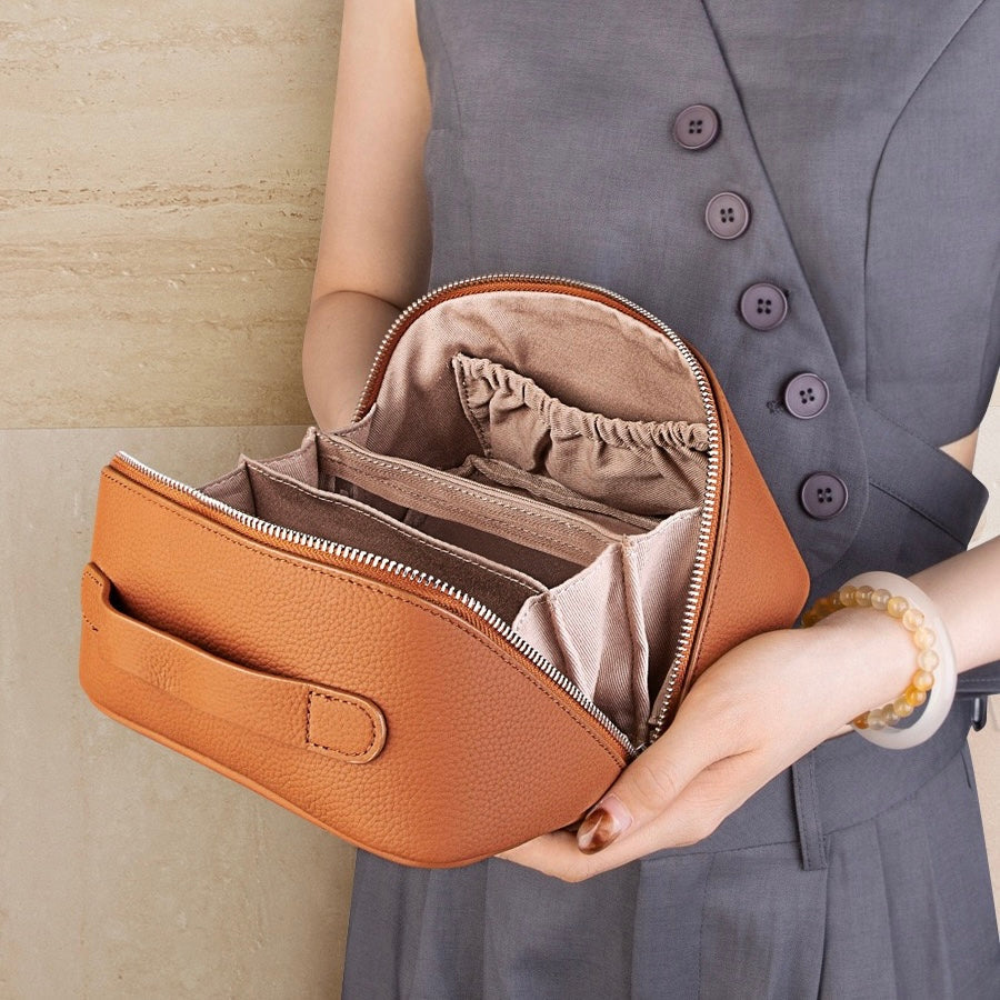 Textured Genuine Leather Top-Zip Vanity Clutch Bag
