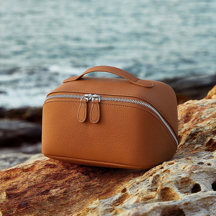 Textured Genuine Leather Top-Zip Vanity Clutch Bag