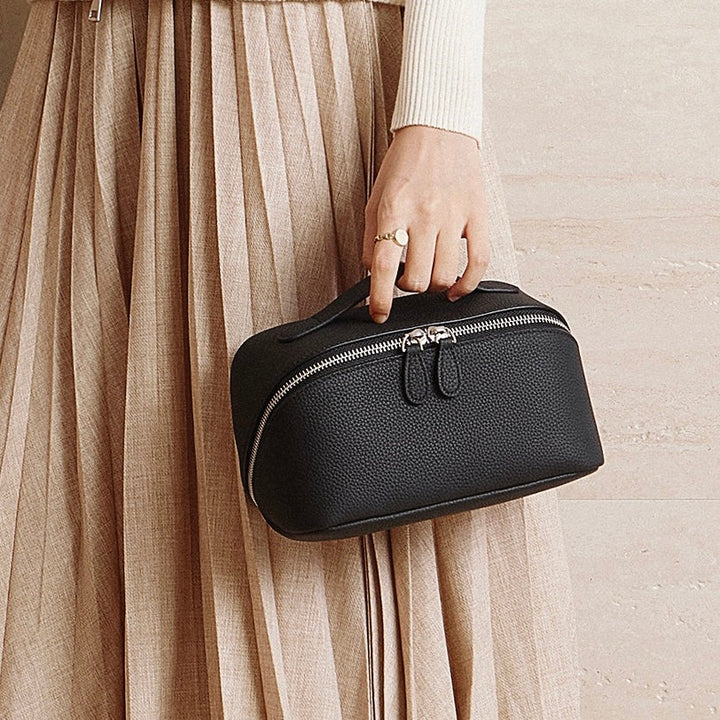 Textured Genuine Leather Top-Zip Vanity Clutch Bag