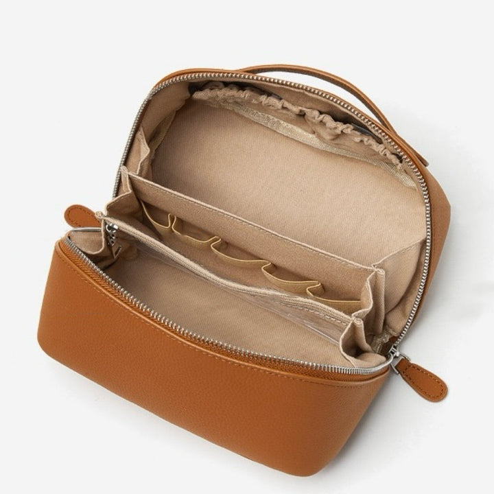 Textured Genuine Leather Top-Zip Vanity Clutch Bag