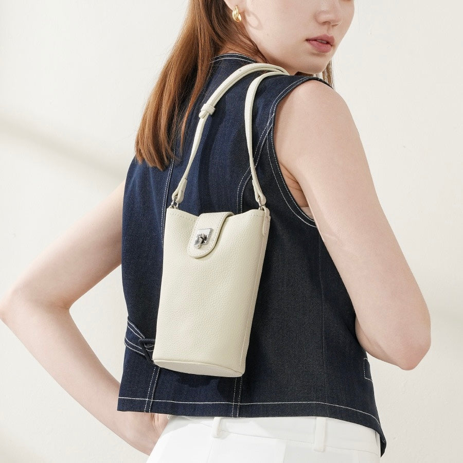 Women's Genuine Leather Vertical Drawstring Bucket Phone Bag