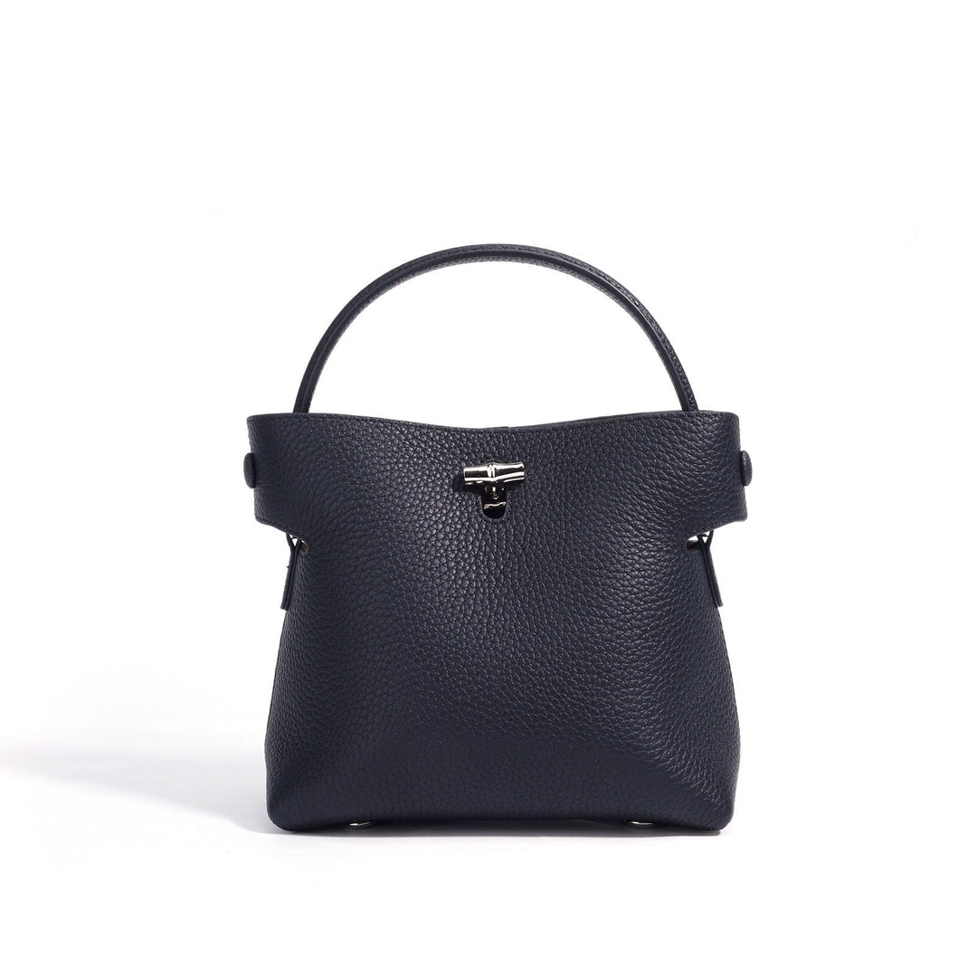 Women's Genuine Cowhide Elegant Bucket Bag Bamboo Handle Tote