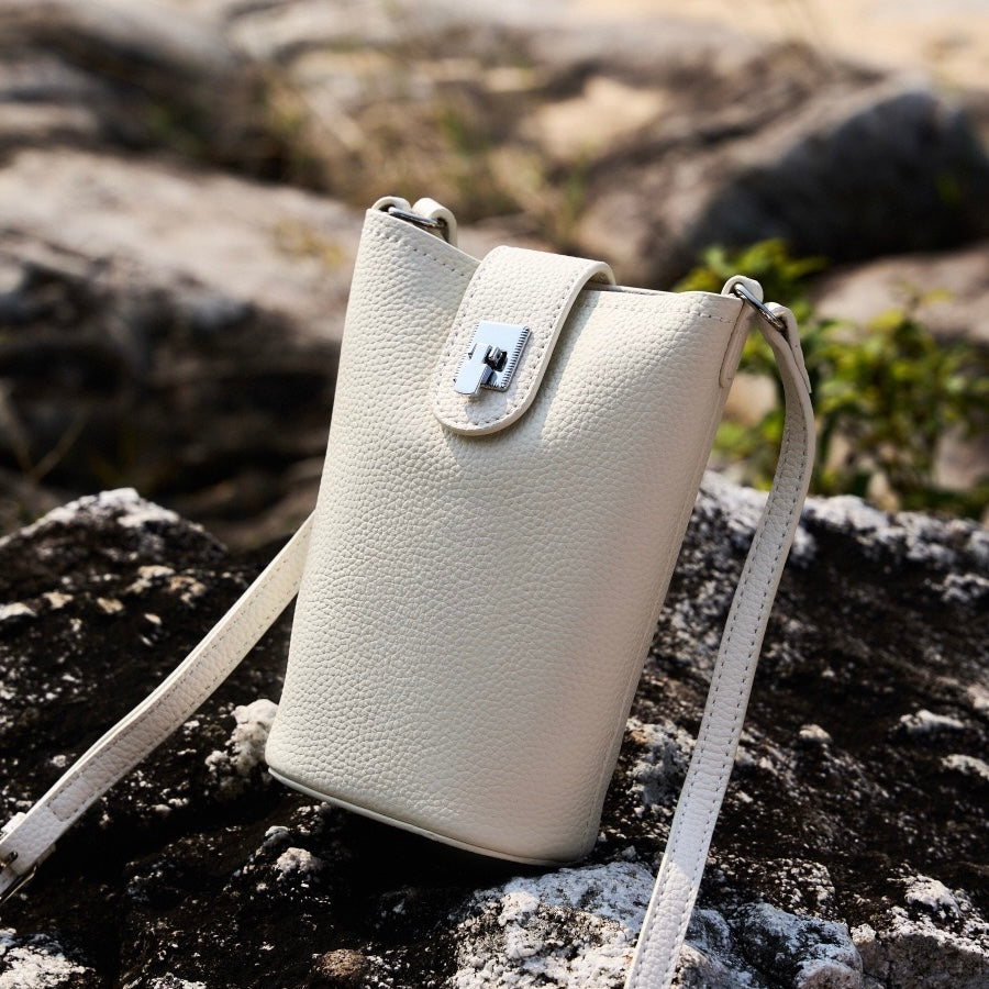 Women's Genuine Leather Vertical Drawstring Bucket Phone Bag