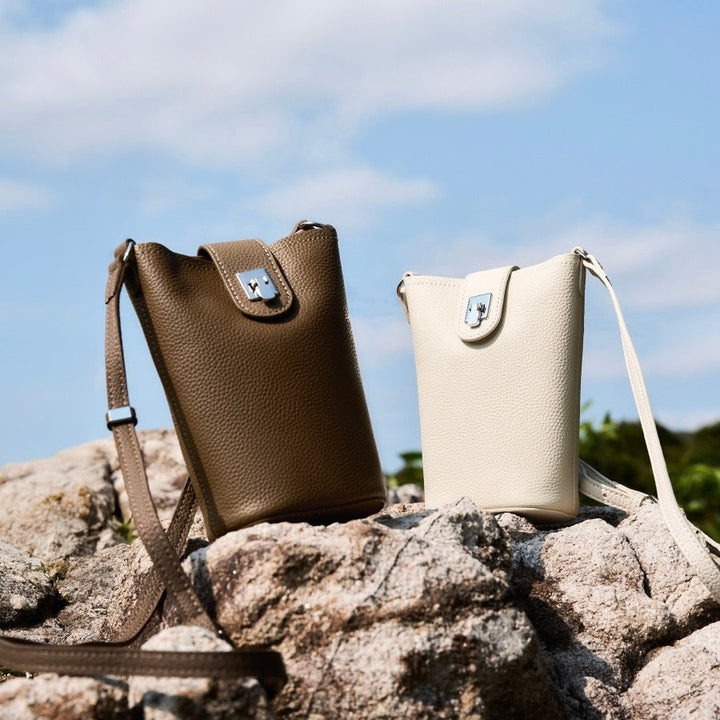 Women's Genuine Leather Vertical Drawstring Bucket Phone Bag