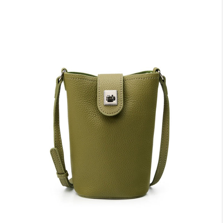 Women's Genuine Leather Vertical Drawstring Bucket Phone Bag