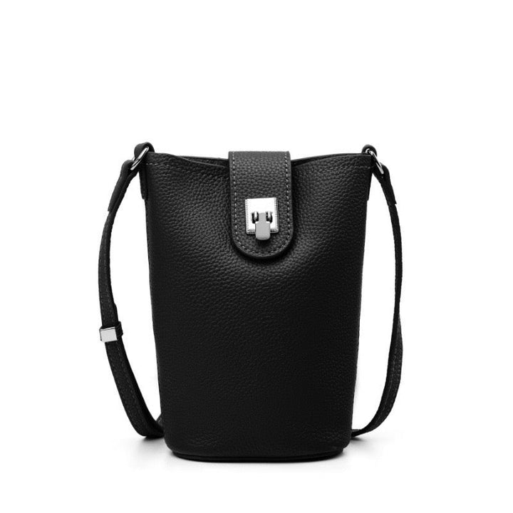 Women's Genuine Leather Vertical Drawstring Bucket Phone Bag