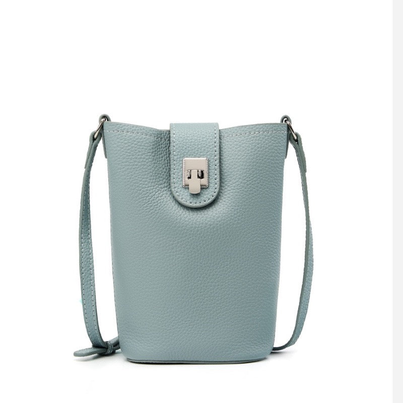 Women's Genuine Leather Vertical Drawstring Bucket Phone Bag