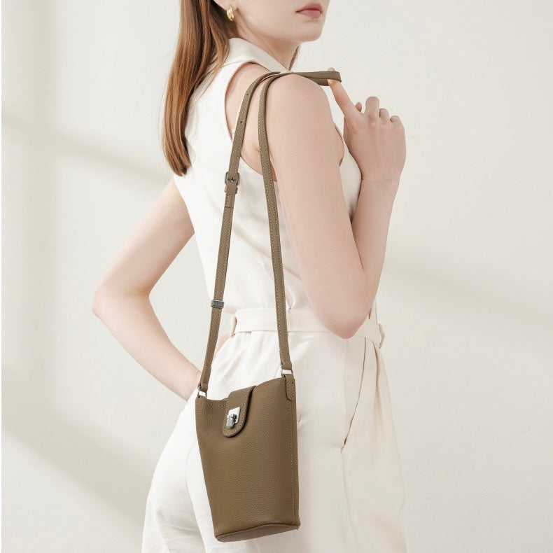 Women's Genuine Leather Vertical Drawstring Bucket Phone Bag