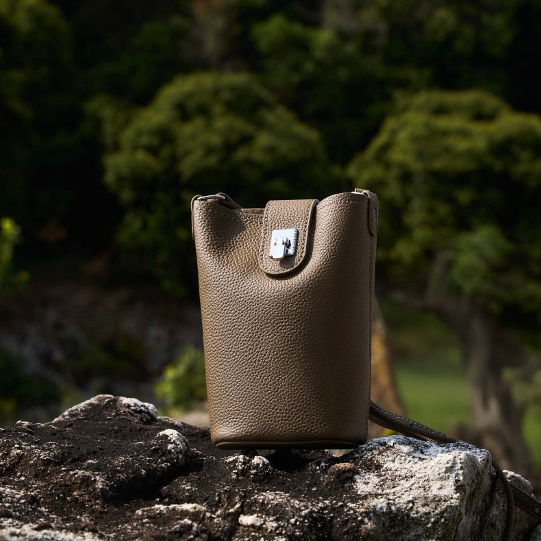 Women's Genuine Leather Vertical Drawstring Bucket Phone Bag