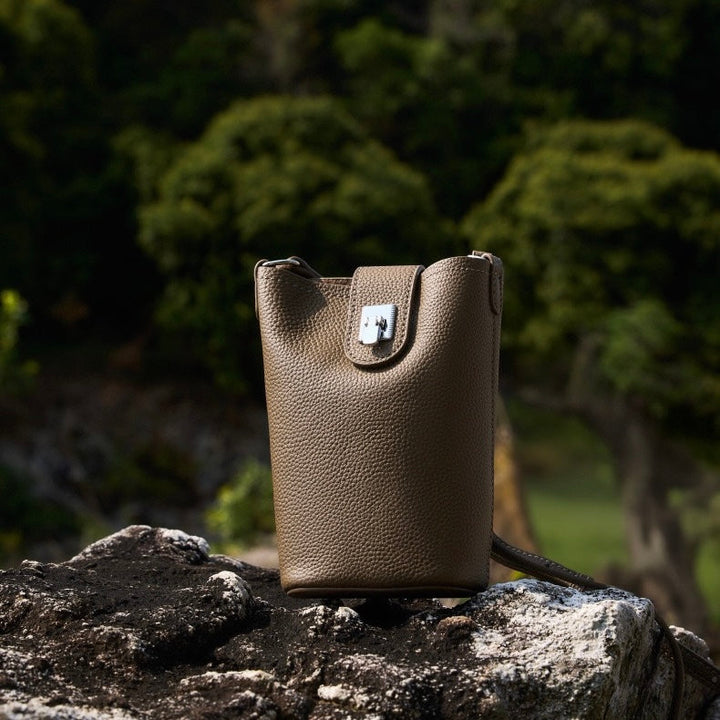 Women's Genuine Leather Vertical Drawstring Bucket Phone Bag