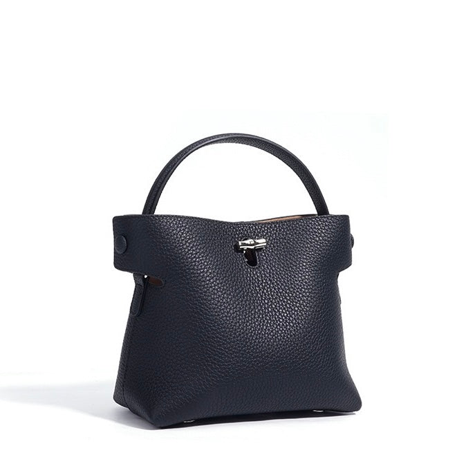 Women's Genuine Cowhide Elegant Bucket Bag Bamboo Handle Tote