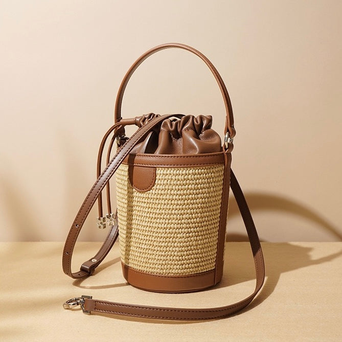 Luxury Women's Lambskin Woven Crossbody Handheld Barrel Bag for Beach Vacation