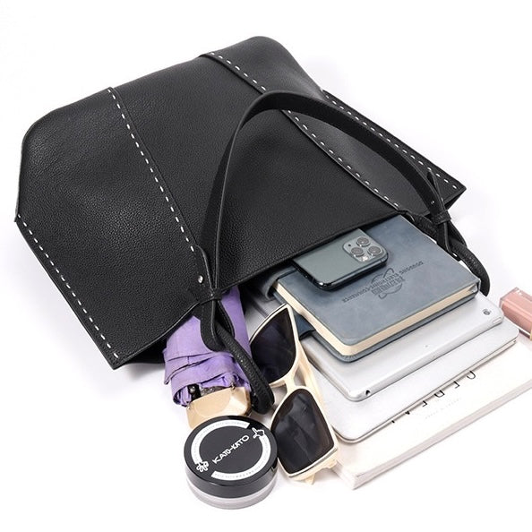 Contrast-Stitch Textured Genuine Leather Tote Bag