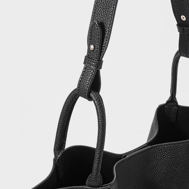 Contrast-Stitch Textured Genuine Leather Tote Bag