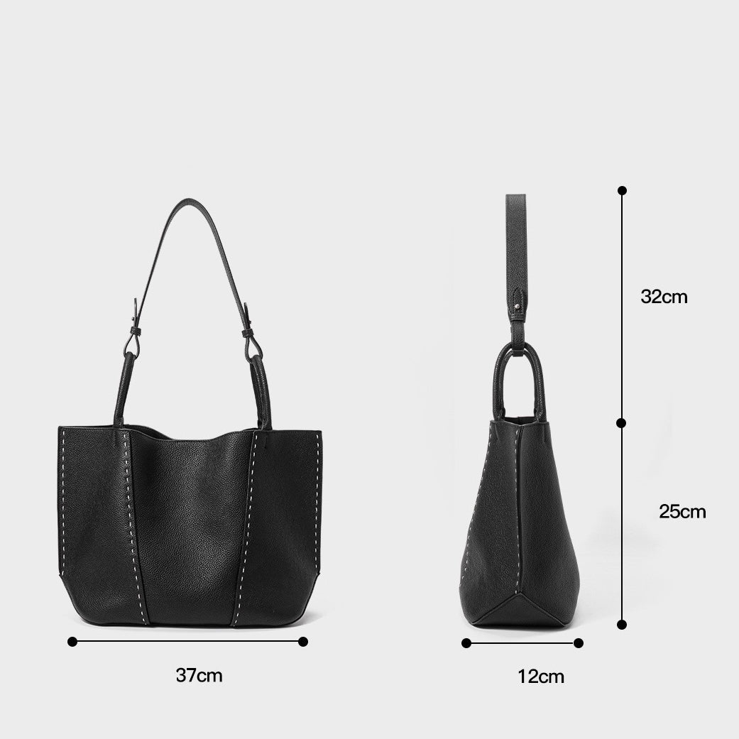 Contrast-Stitch Textured Genuine Leather Tote Bag