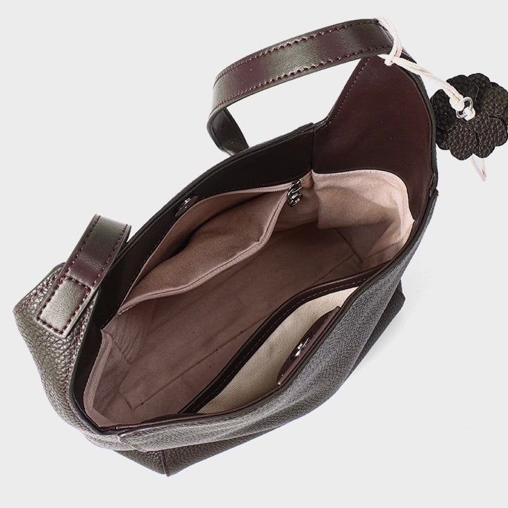 Textured Genuine Leather Hobo Bag with Floral Charm