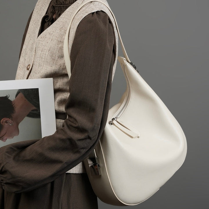 Minimalist Design Genuine Leather Crescent Underarm Shoulder Handbag